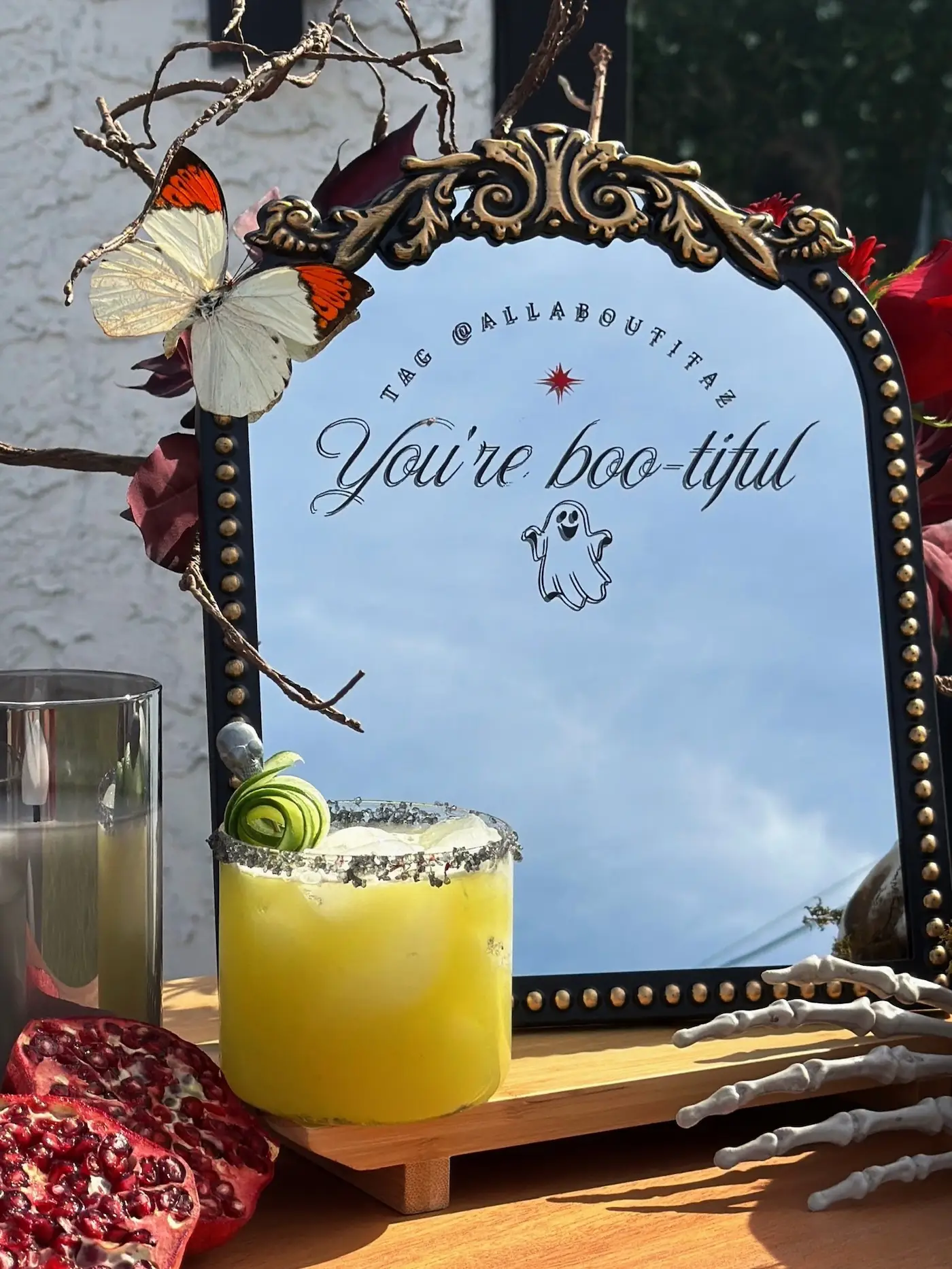 Custom event signage and cocktail menu at an All About It Mobile Bar outdoor wedding setup.