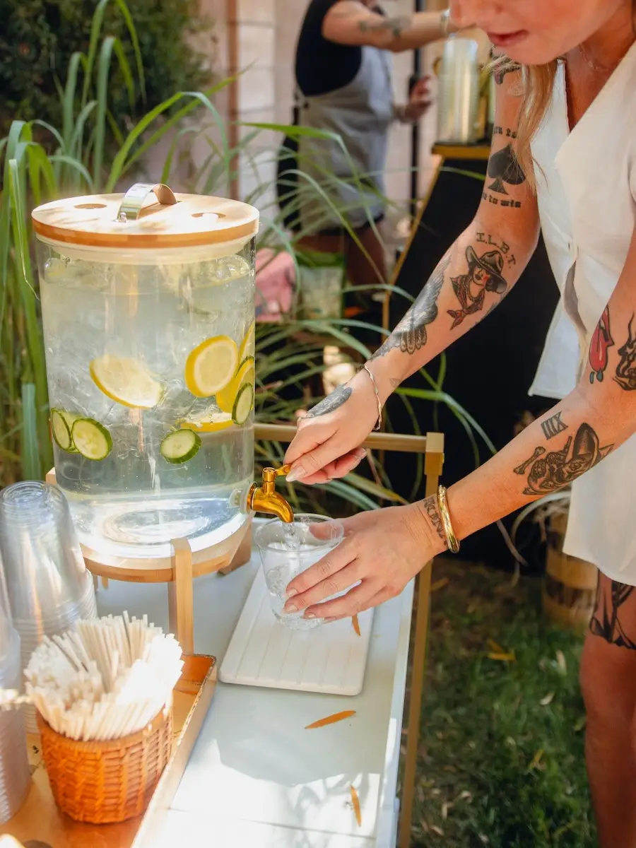 Water and lemonade dispensers at an Arizona outdoor wedding hosted by All About It Mobile Bar.